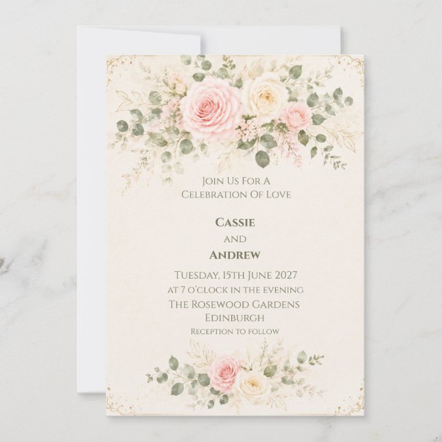 Invitación de boda floral melocotón rubor (Anverso)