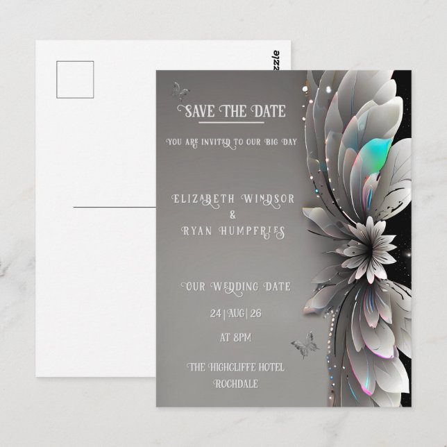 Invitación de Boda Floral Metálica Moderna (Anverso / Reverso)