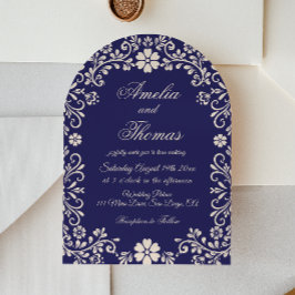 Invitación de boda floral mexicana azul marino