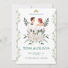 Invitación de boda floral minimalista blanca y ver