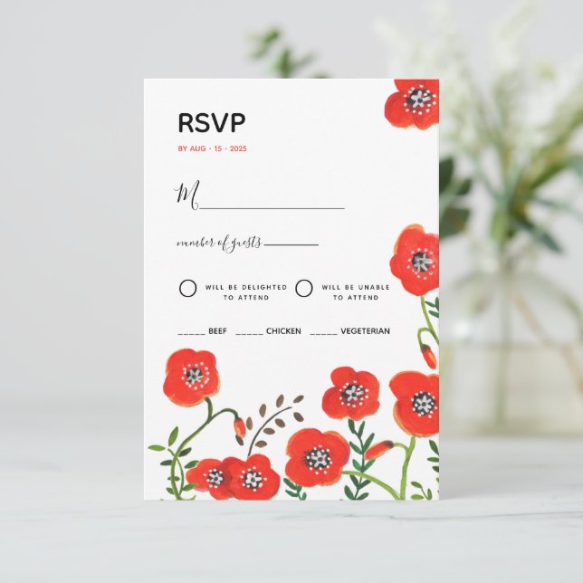 Invitación de boda floral moderna amapolas rojas (Anverso de pie)
