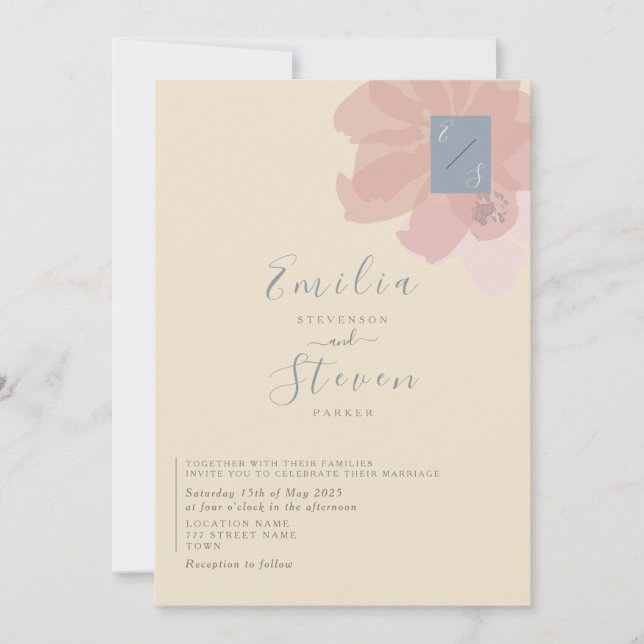 Invitación de Boda Floral Moderna Azul con Rubor (Anverso)