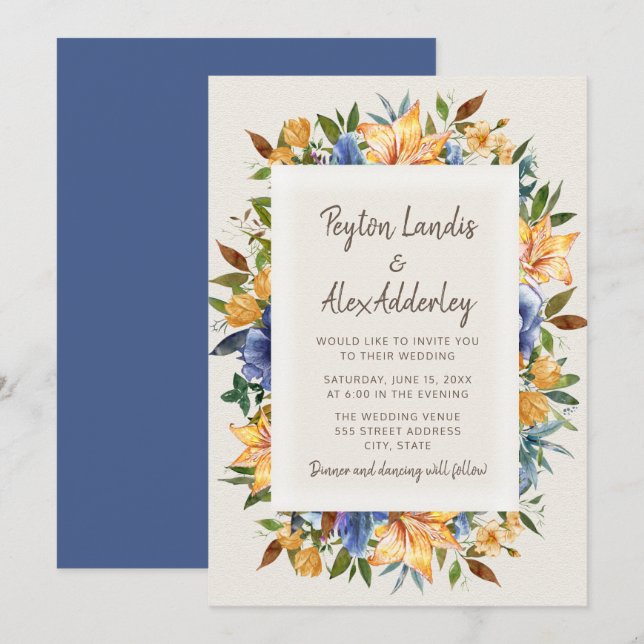 Invitación de boda floral moderna azul naranja bro (Anverso / Reverso)