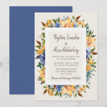 Invitación de boda floral moderna azul naranja bro