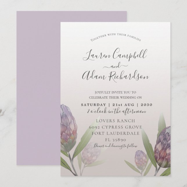 Invitación de boda floral moderna con flores púrpu (Anverso / Reverso)