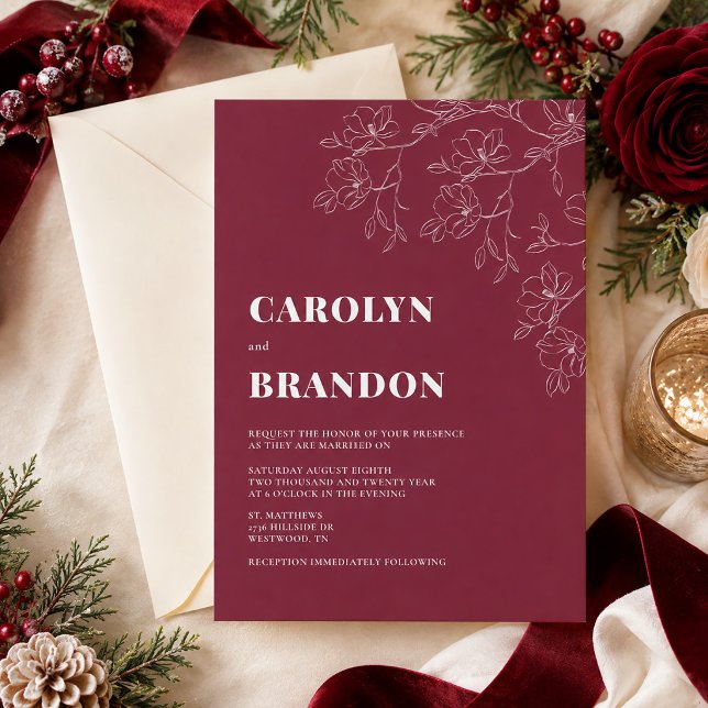 Invitación de boda floral moderna de arándano (Cranberry Modern Floral Wedding Invitation)
