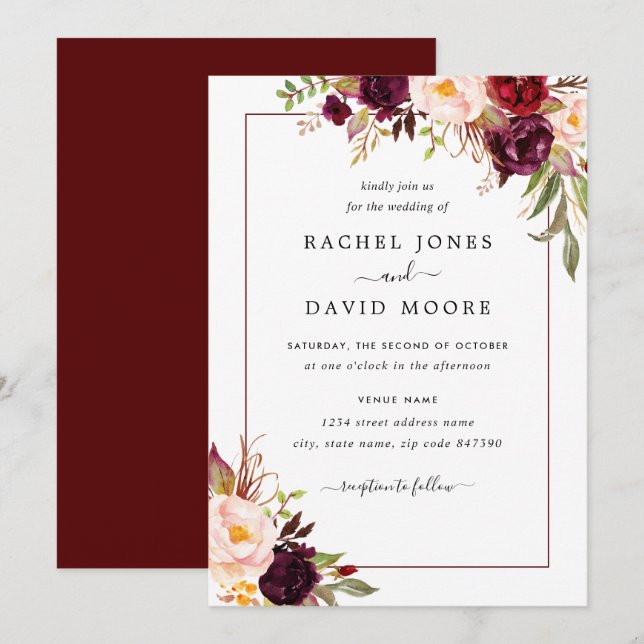 Invitación de boda floral moderna de Borgoña (Anverso / Reverso)