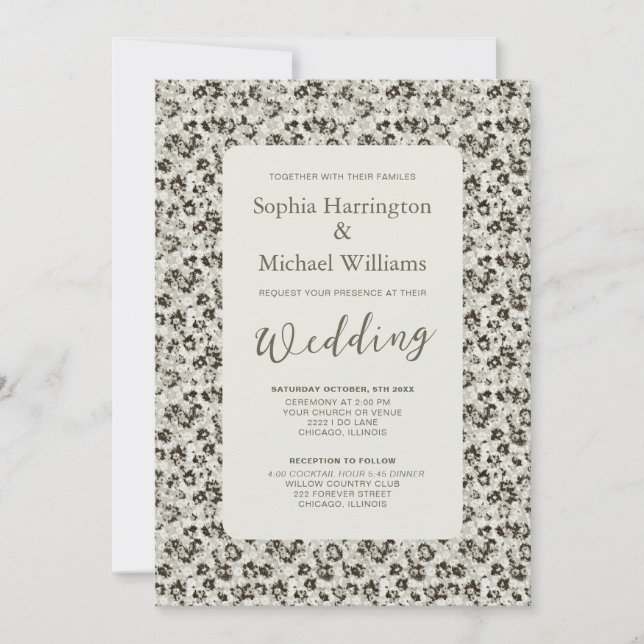 Invitación de boda floral moderna en negro y blanc (Anverso)