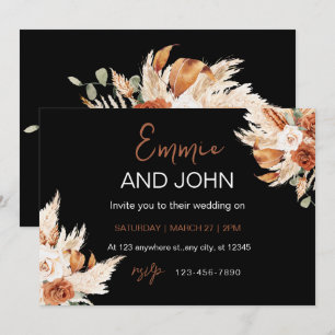Invitación de boda floral moderna – Fondo negro