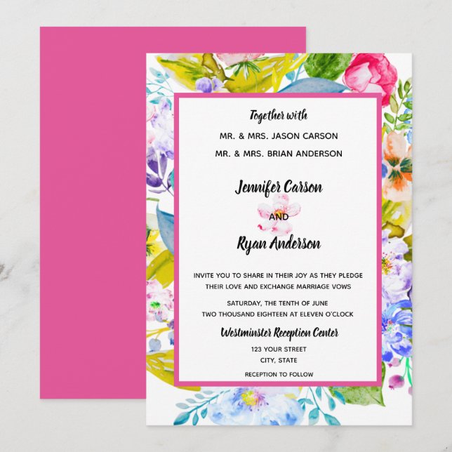 Invitación de boda floral moderna rosa (Anverso / Reverso)