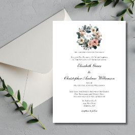 Invitación de Boda Floral Monograma Elegante Rosa 