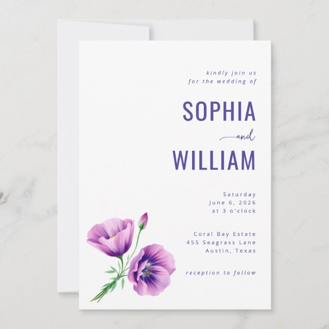 Invitación de boda floral morada elegante (Anverso)