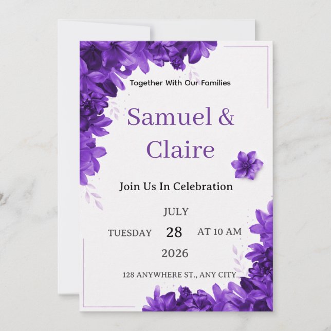 Invitación de boda floral morada elegante (Anverso)