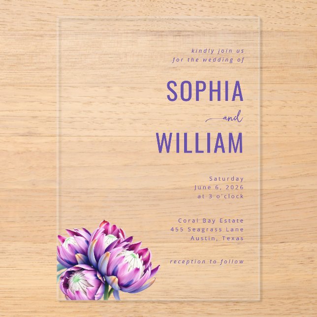 Invitación de boda floral morada elegante (Anverso)
