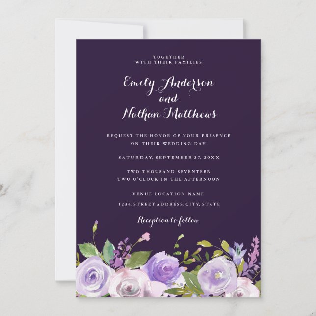 Invitación de boda floral morada elegante (Anverso)