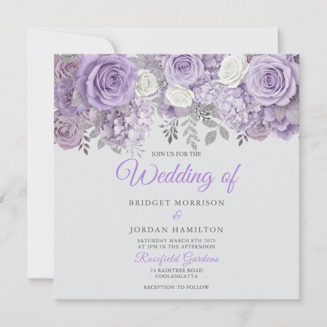 Invitación de boda floral morada elegante con bril (Anverso)