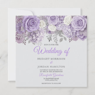 Invitación de boda floral morada elegante con bril
