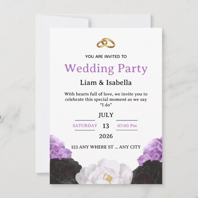 Invitación de boda floral morada elegante editable (Anverso)
