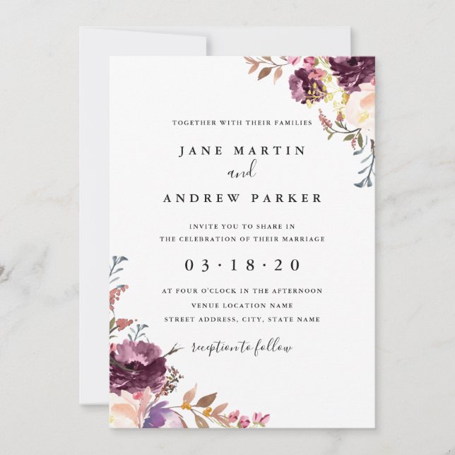 Invitación de boda floral morada moderna (Anverso)