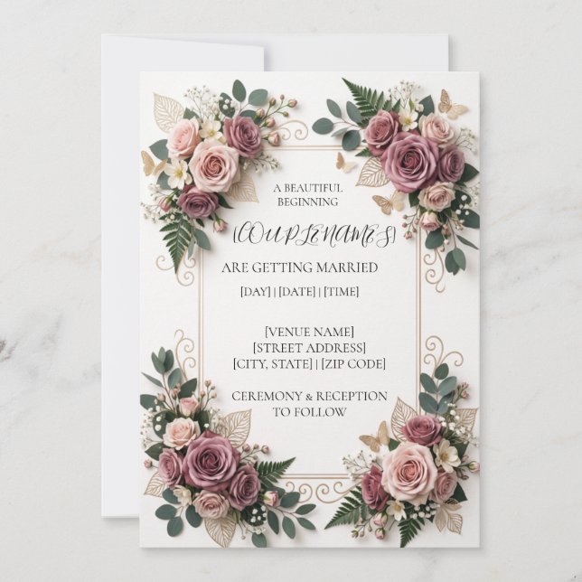 Invitación de boda floral morada moderna (Anverso)