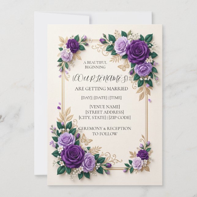 Invitación de boda floral morada personalizada (Anverso)