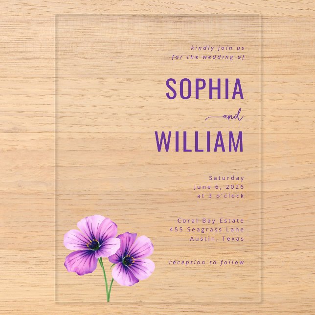 Invitación de boda floral morada sofisticada (Anverso)
