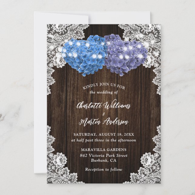 Invitación de boda floral morada y azul rústica (Anverso)
