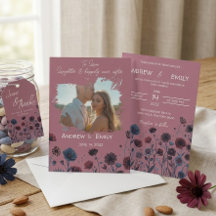 Invitación de boda floral morada y azul temperamen