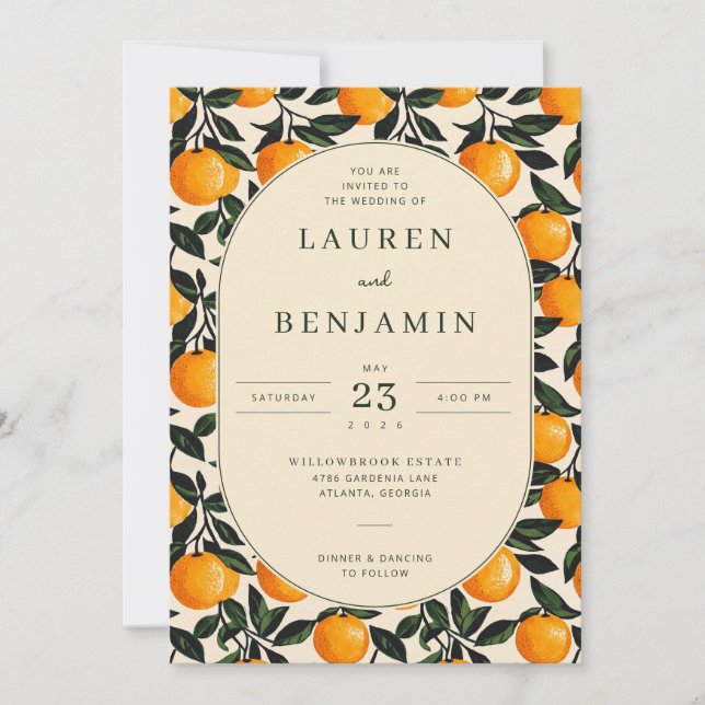 Invitación de Boda Floral Naranja Alegre (Anverso)