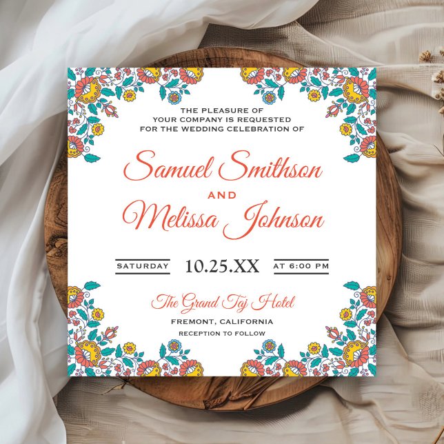 Invitación de boda floral naranja azul elegante y  (Subido por el creador)