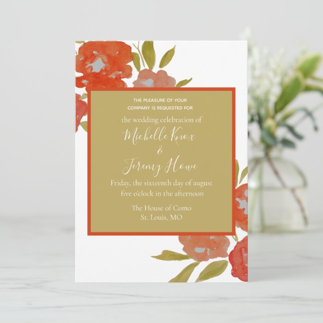 Invitación de boda floral naranja roja moderna dor (Anverso de pie)
