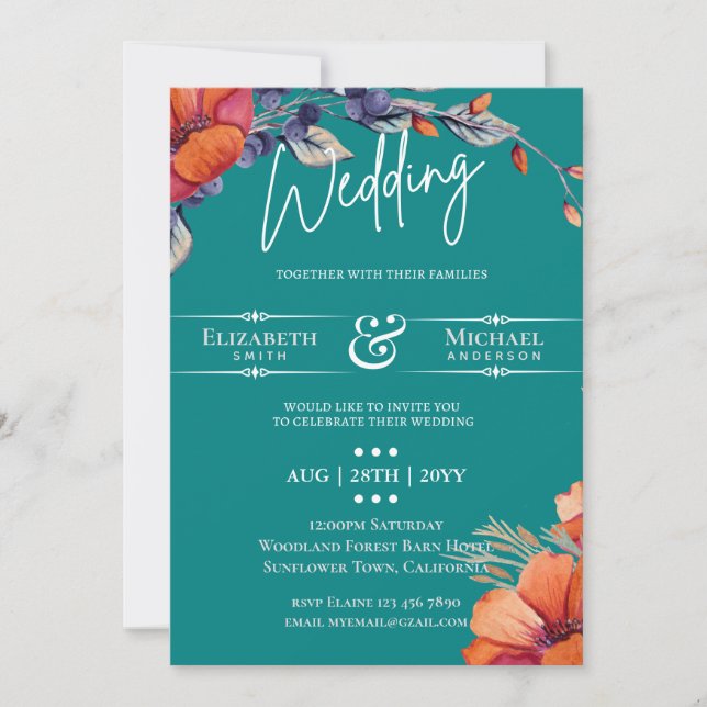 Invitación de Boda Floral Naranja Verde Azul Moder (Anverso)