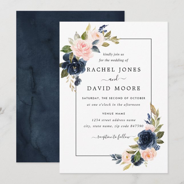 Invitación de boda floral naval con rubor (Anverso / Reverso)