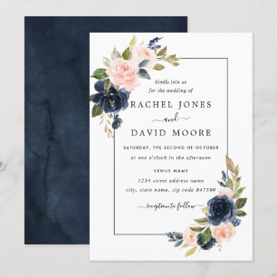 Invitación de boda floral naval con rubor