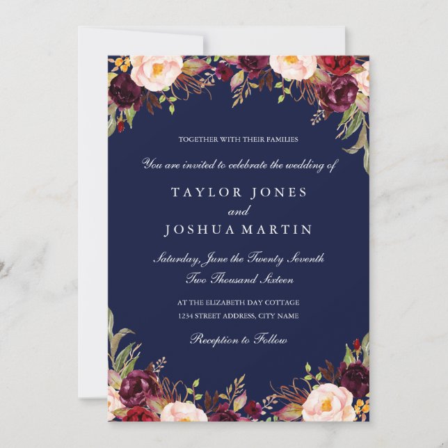 Invitación de boda floral navy burgundy rústica (Anverso)