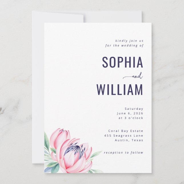 Invitación de boda floral navy elegante (Anverso)