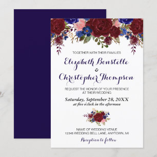 Invitación de boda floral Navy Marsala