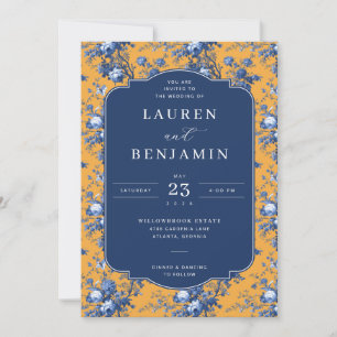 Invitación de boda floral navy sofisticada
