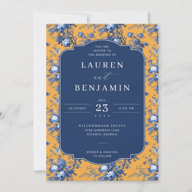 Invitación de boda floral navy sofisticada (Anverso)