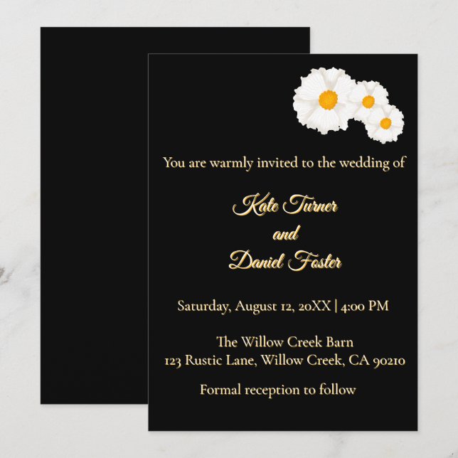 Invitación de boda floral negra (Anverso / Reverso)