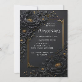 Invitación de boda floral negra elegante