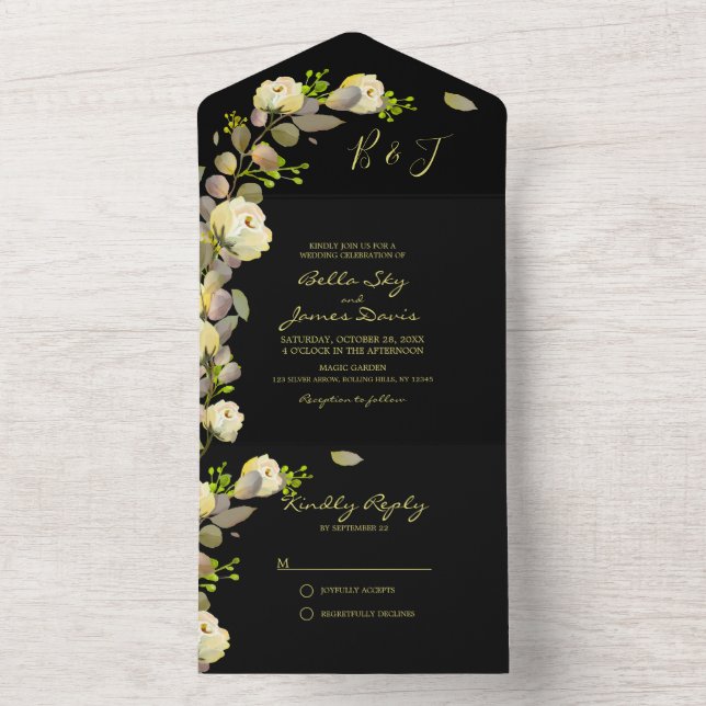 Invitación de boda floral negra elegante todo en u (Interior)