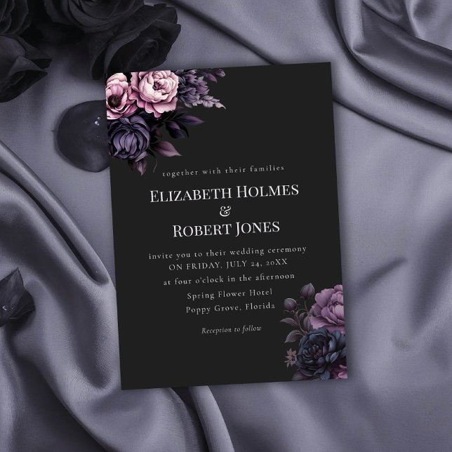 Invitación de boda floral negra gótica (Gothic Black Floral Wedding Invitation on a gothic wedding table with black roses.
)