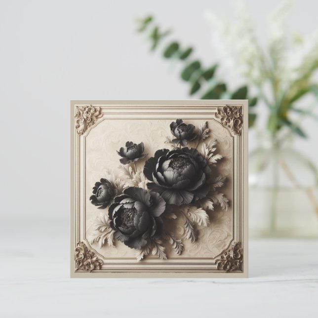 Invitación de boda floral negra moderna (Anverso de pie)
