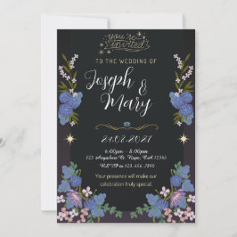 Invitación de boda floral negra y azul