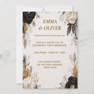 Invitación de boda floral negra y crema