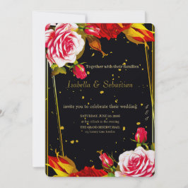 Invitación de boda floral negra y dorada con estil