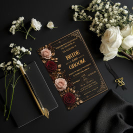 Invitación de boda floral negra y dorada elegante