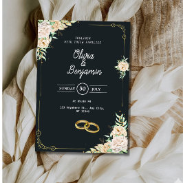 Invitación de boda floral negra y dorada elegante