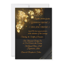 Invitación de boda floral negra y dorada elegante